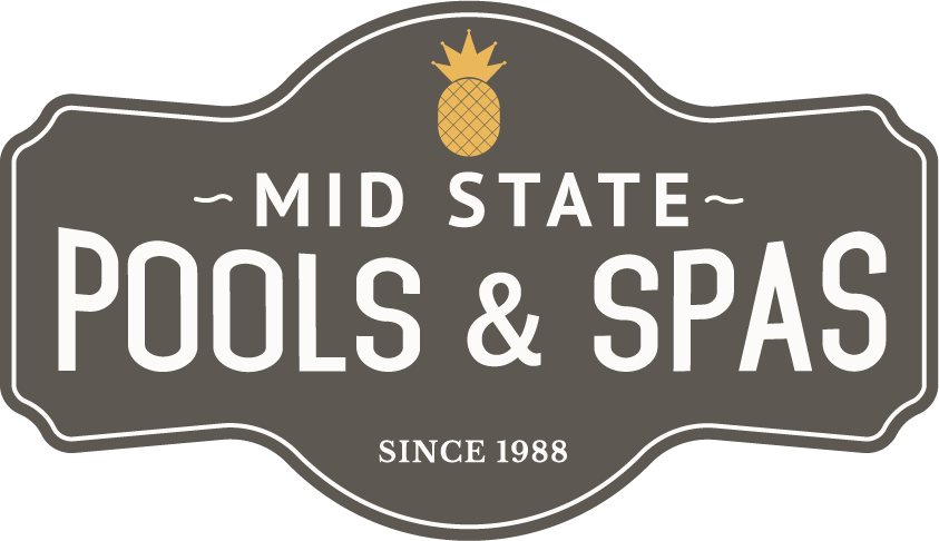 Logo for Mid State Pools & Spas featuring a stylized pineapple at the top, with the text Since 1988 below. The design has a classic, rounded rectangular shape with a dark background and white lettering.